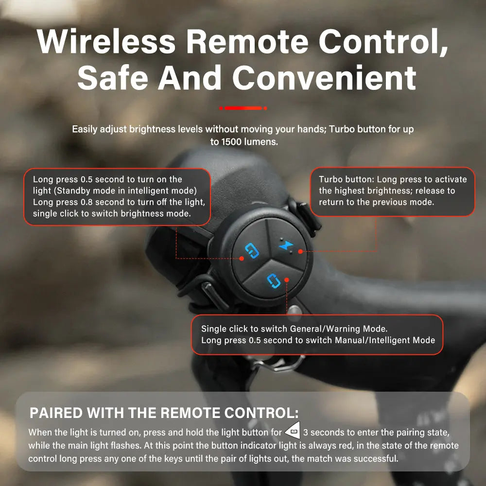 A user guide infographic for the Towild ALC Wireless Remote Control, explaining the button functions for mode switching and pairing, which allows for safe, hands-on-the-bar operation of Towild bike lights.
