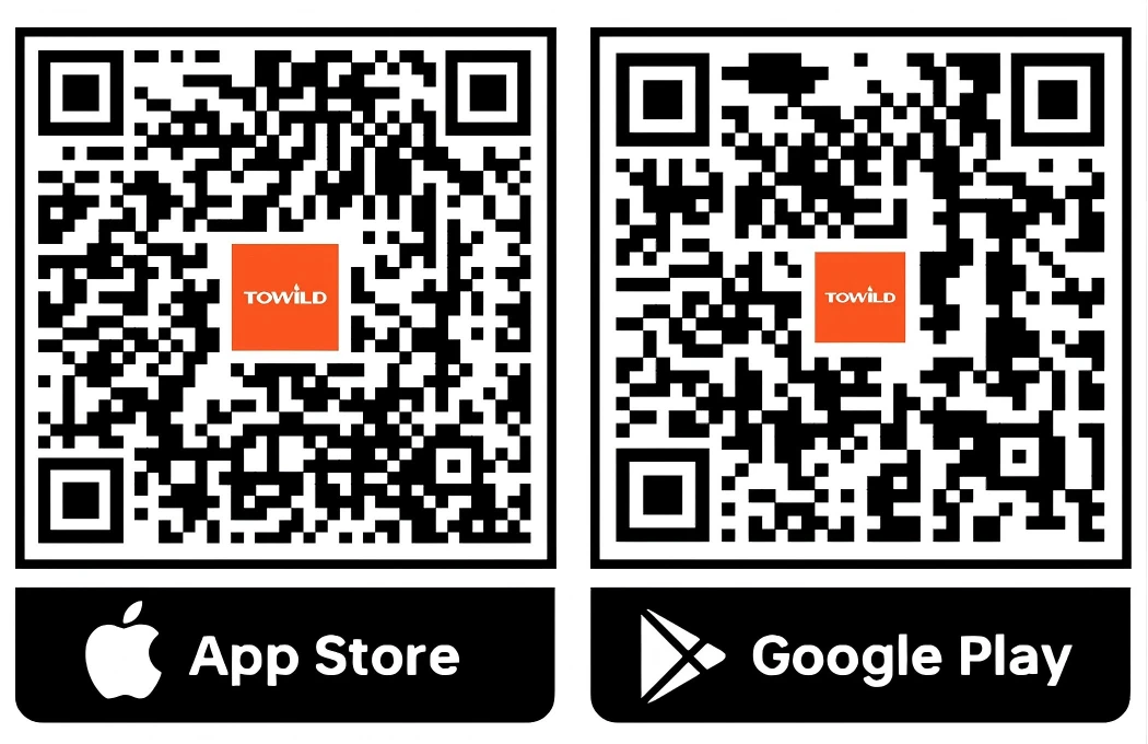 QR codes for downloading the official TOWILD app from the Apple App Store and Google Play Store to customize smart bike lights like the TL08.