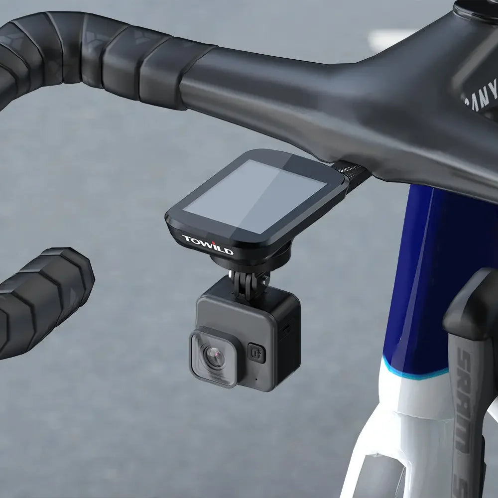 The versatile TOWILD AS70 mount shown holding a bike computer and an action camera, demonstrating its GoPro compatibility on a modern integrated handlebar.