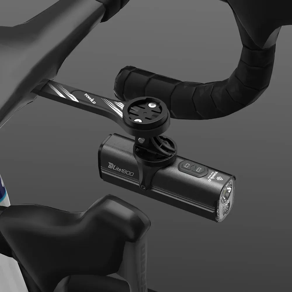 The TOWILD AS70 mount shown on an integrated handlebar, holding a bike computer and a TOWILD DLite1800 light for a seamless, professional look.