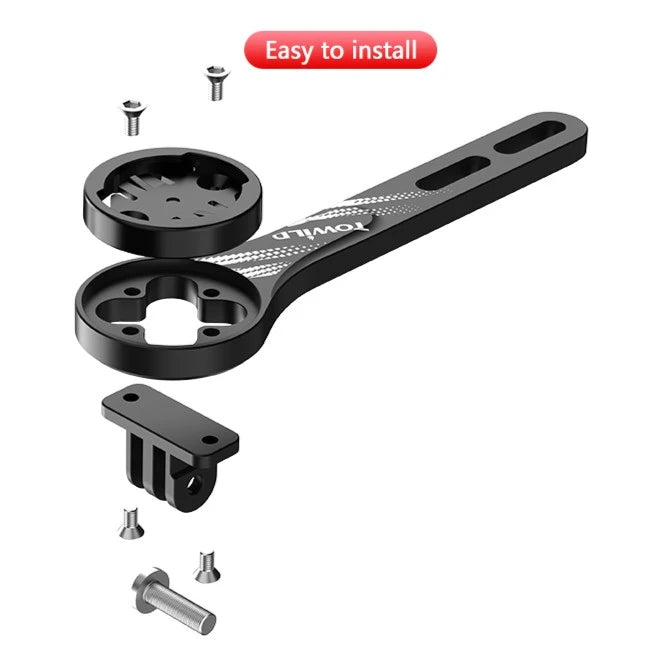 Exploded view of the TOWILD AS70 V2.0 bike mount assembly, showing the CNC machined aluminum bracket, computer interface, GoPro adapter, and installation screws for easy setup.