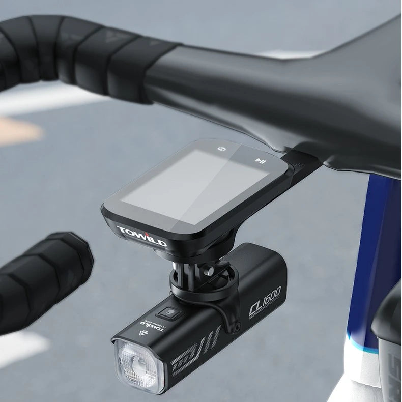 TOWILD AS70 V2.0 dual out-front mount showcasing a bike computer on top and the TOWILD CL1600 anti-glare front light suspended underneath, saving valuable handlebar space.