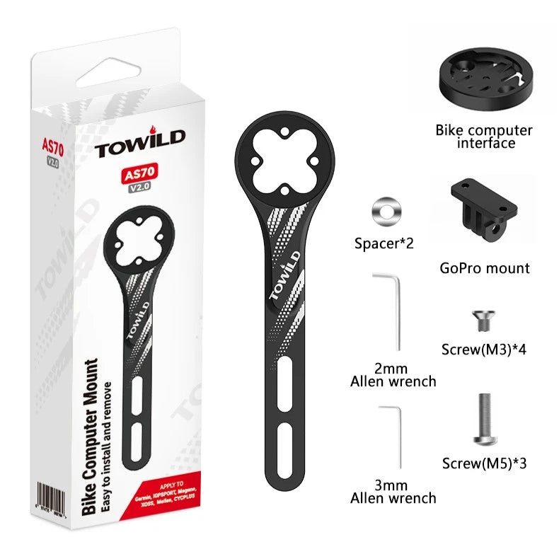 Complete packaging and accessories list for the TOWILD AS70 V2.0 integrated bike mount, including Garmin interface, GoPro mount, spacers, and Allen wrenches for quick assembly.