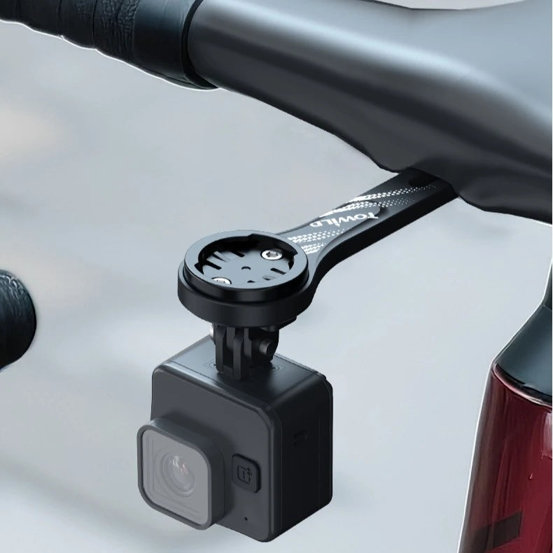 TOWILD AS70 V2.0 integrated handlebar mount securely holding a GoPro action camera underneath. The standard GoPro adapter makes it perfect for recording your cycling adventures.