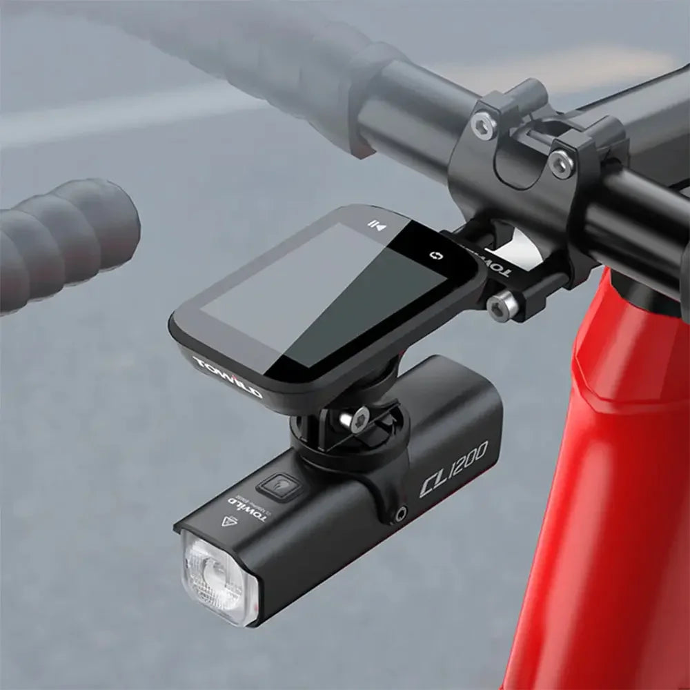 The TOWILD AS80 stem mount installed on a red bike, creating a clean, integrated cockpit with a bike computer on top and a TOWILD CL1200 light mounted below.