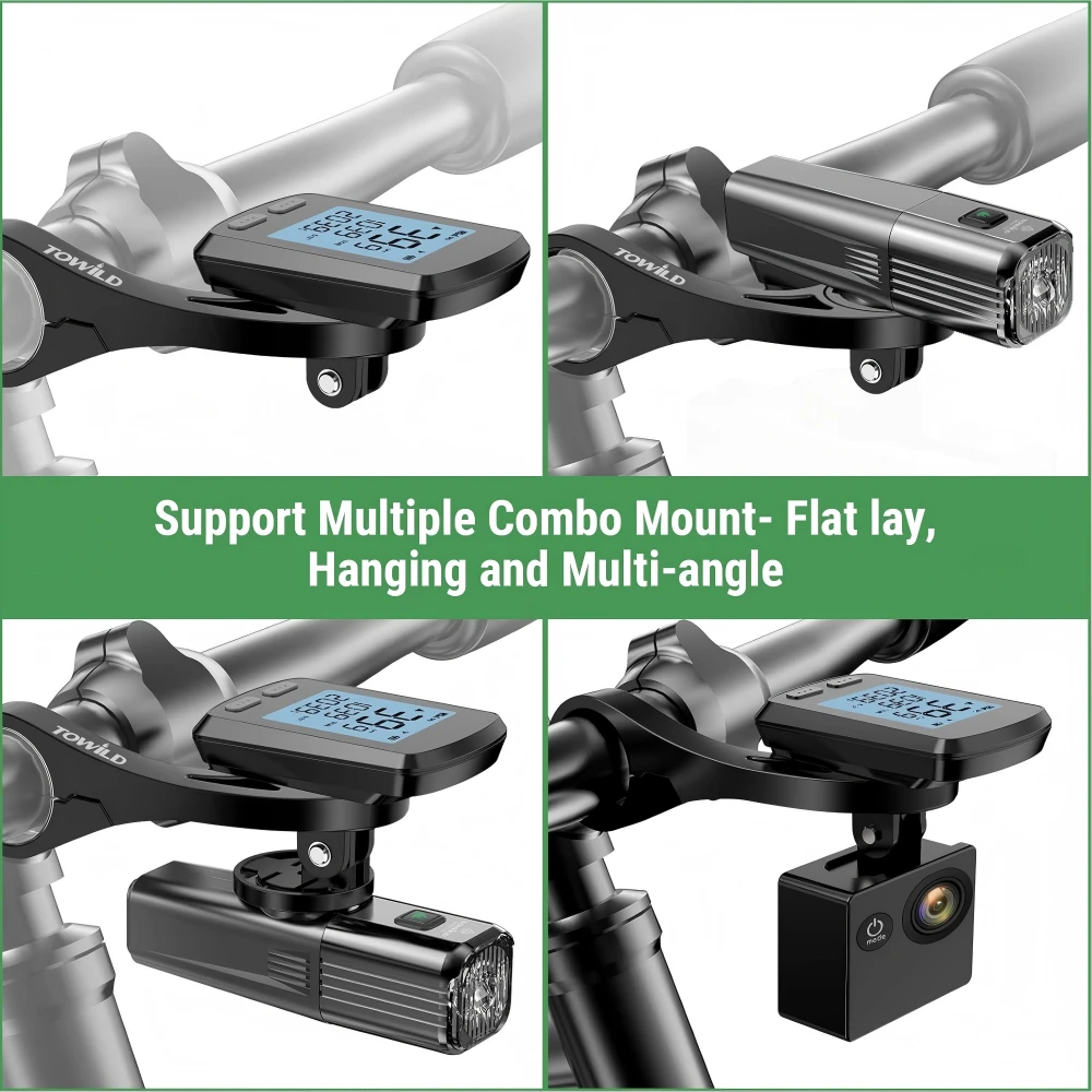 A four-panel image demonstrating the TOWILD AS90 all-in-one bike mount's versatility: mounting a Garmin bike computer alone, a bike light alone, and a combination of a computer with an under-mounted light or GoPro action camera.