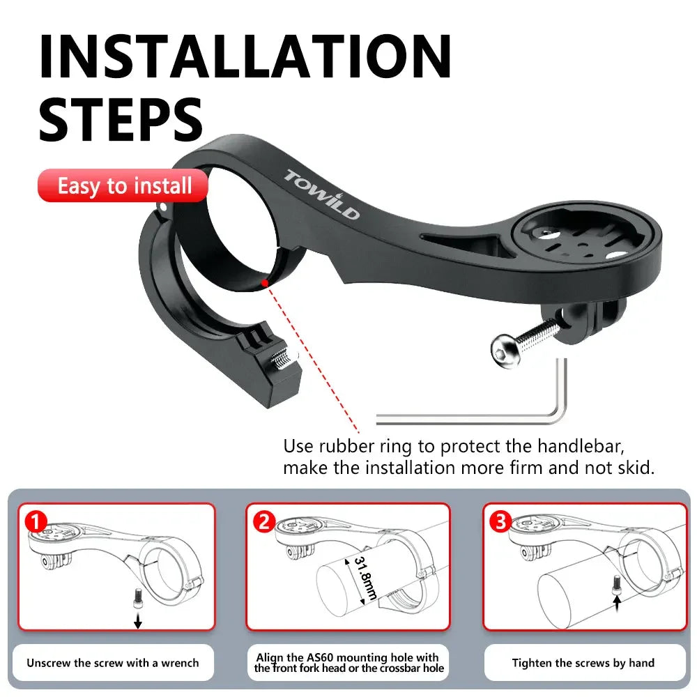 An infographic showing the easy, three-step installation process for the TOWILD AS90 combo mount on a 31.8mm handlebar, highlighting the use of the protective rubber ring.