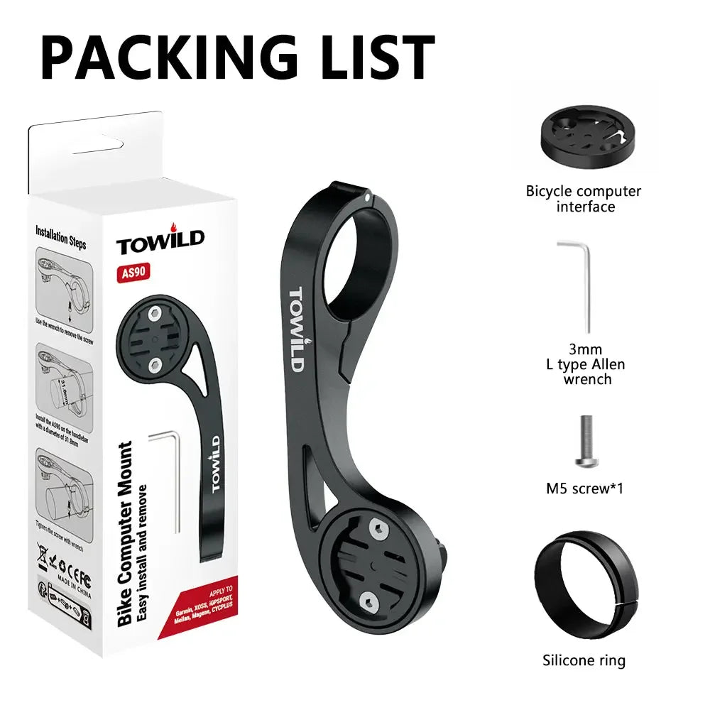 The complete packing list for the TOWILD AS90 combo mount, showing the retail box, the mount itself, the bicycle computer interface, a silicone ring, a 3mm Allen wrench, and an M5 screw.