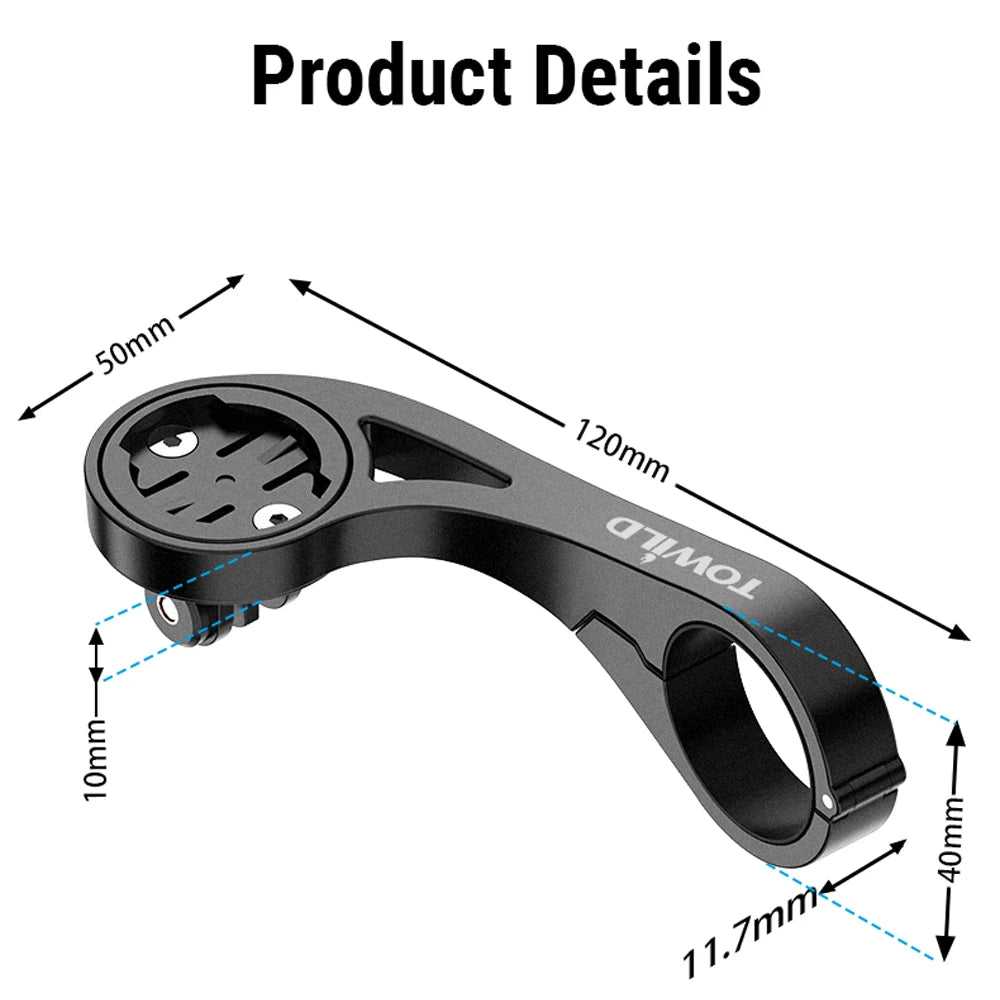 A detailed diagram showing the product dimensions of the TOWILD AS90 out-front mount, including its 120mm length, 50mm width, and other key measurements for fitment.