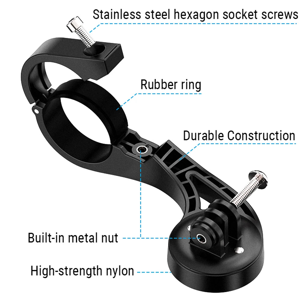A diagram detailing the durable construction of the TOWILD AS90 mount, highlighting its high-strength nylon body, built-in metal nut, protective rubber ring, and stainless steel screws.