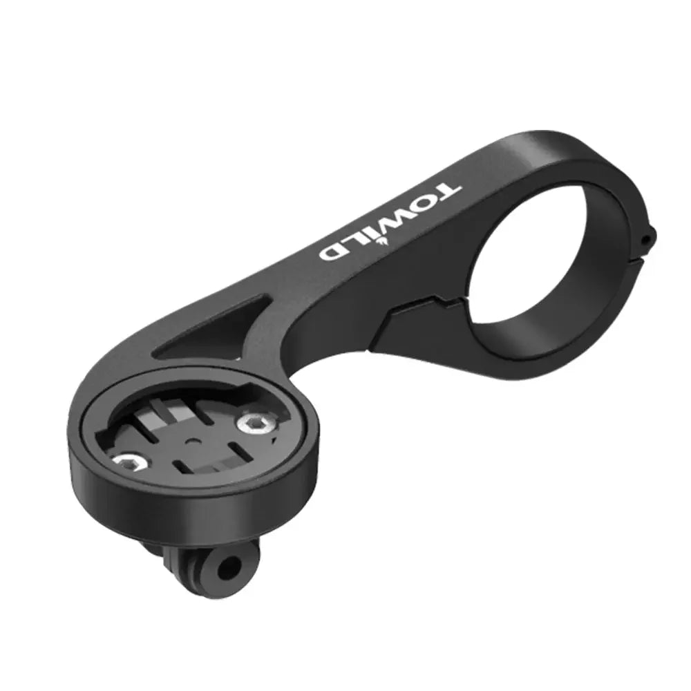 A studio shot of the black TOWILD AS90 combo mount, showing the Garmin-compatible computer interface on top and the GoPro-compatible interface on the bottom.