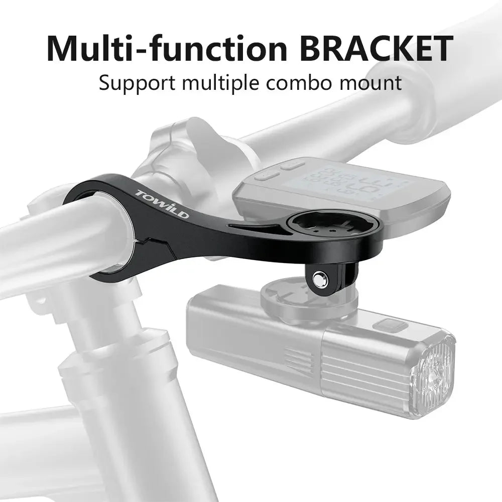 An illustration of the TOWILD AS90 multi-function bracket, demonstrating its ability to support a multiple combo mount setup with a bike computer on top and a bike light below.