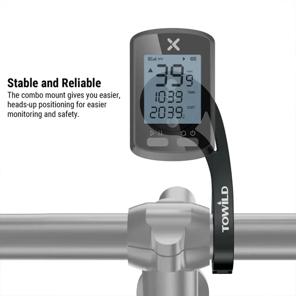 The TOWILD AS90 out-front mount shown providing a stable and reliable platform for an XOSS bike computer, offering an easy heads-up display for monitoring ride data.