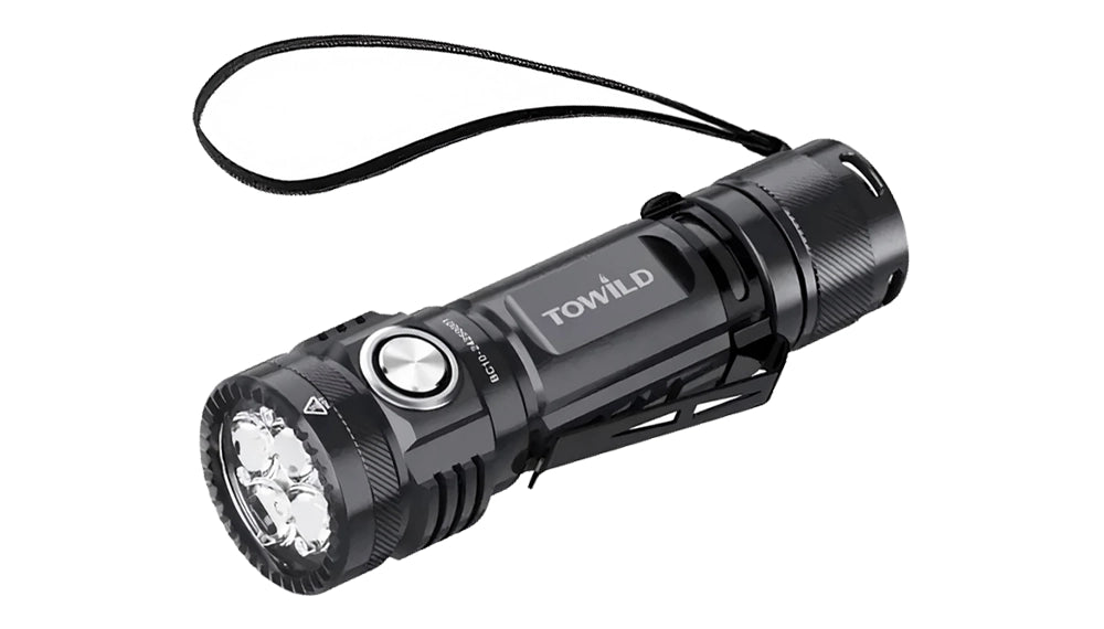 The compact and powerful TOWILD BC10 rechargeable EDC flashlight, featuring 4000 lumens, an IPX8 waterproof rating, and a built-in power bank function for charging devices.