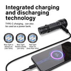 The TOWILD BC10 flashlight being used as a USB-C power bank to recharge a smartphone, with battery level indicators shown.
