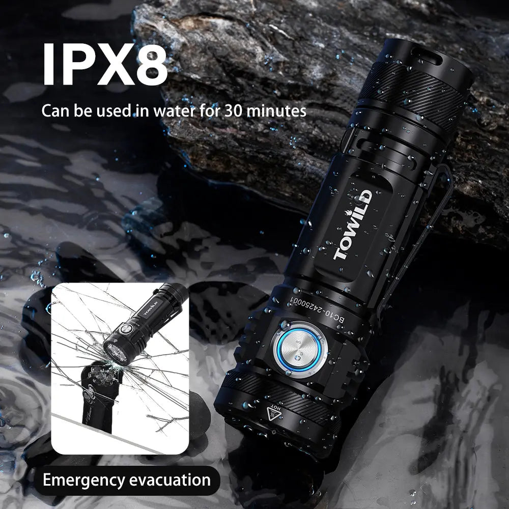 The TOWILD BC10 flashlight shown in water, demonstrating its IPX8 waterproof rating and emergency glass breaker feature.