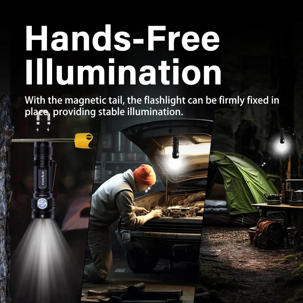 A collage showing the TOWILD BC10 flashlight's magnetic base used for hands-free illumination while camping, working on a car, and on a tree.