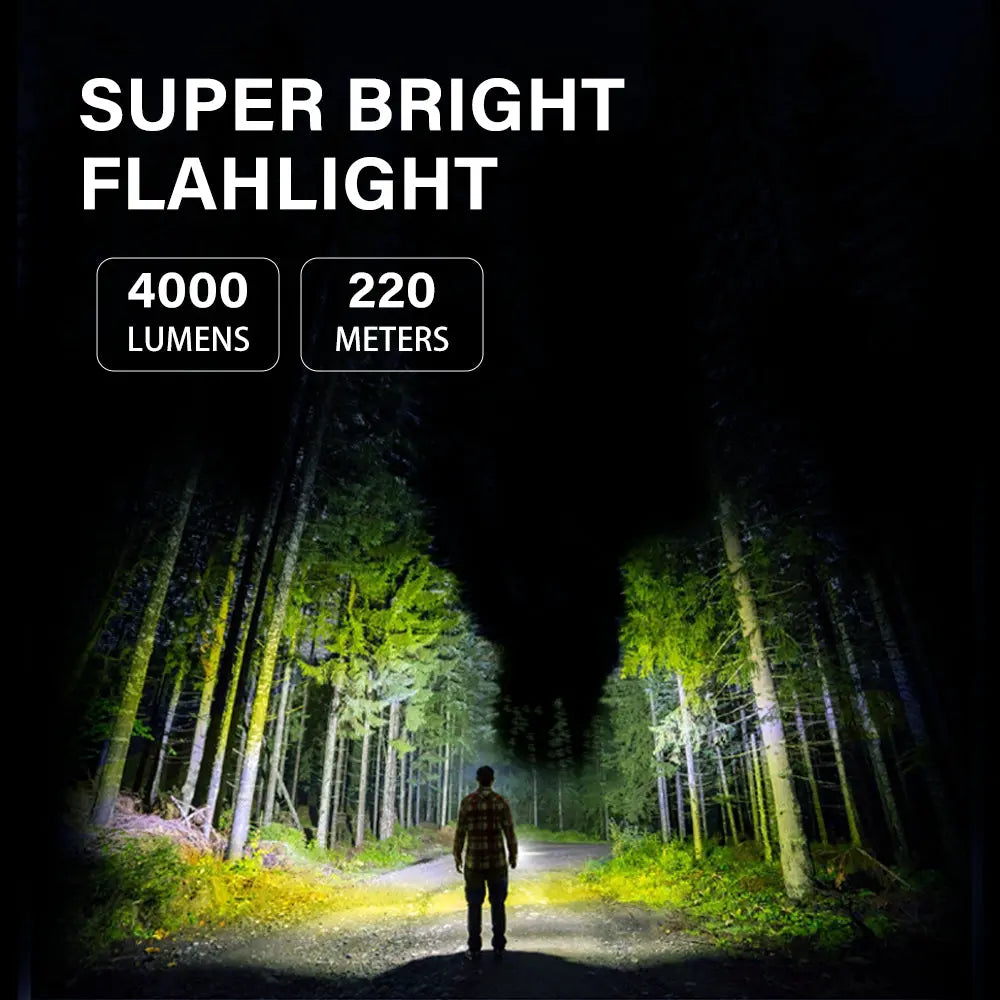 A person standing in a dark forest illuminated by the super bright 4000 lumen, 220-meter beam of the TOWILD BC10 flashlight.