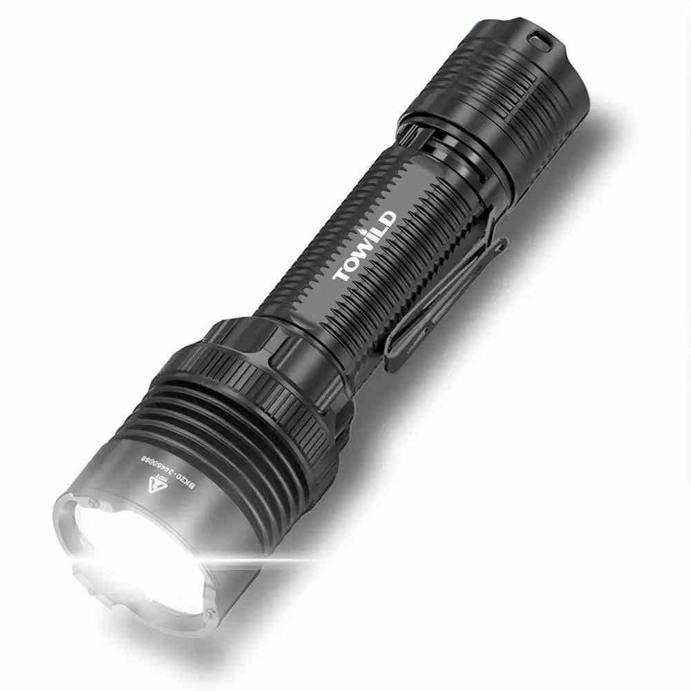 The TOWILD BK20 5100 lumen professional tactical flashlight with its durable body and pocket clip.