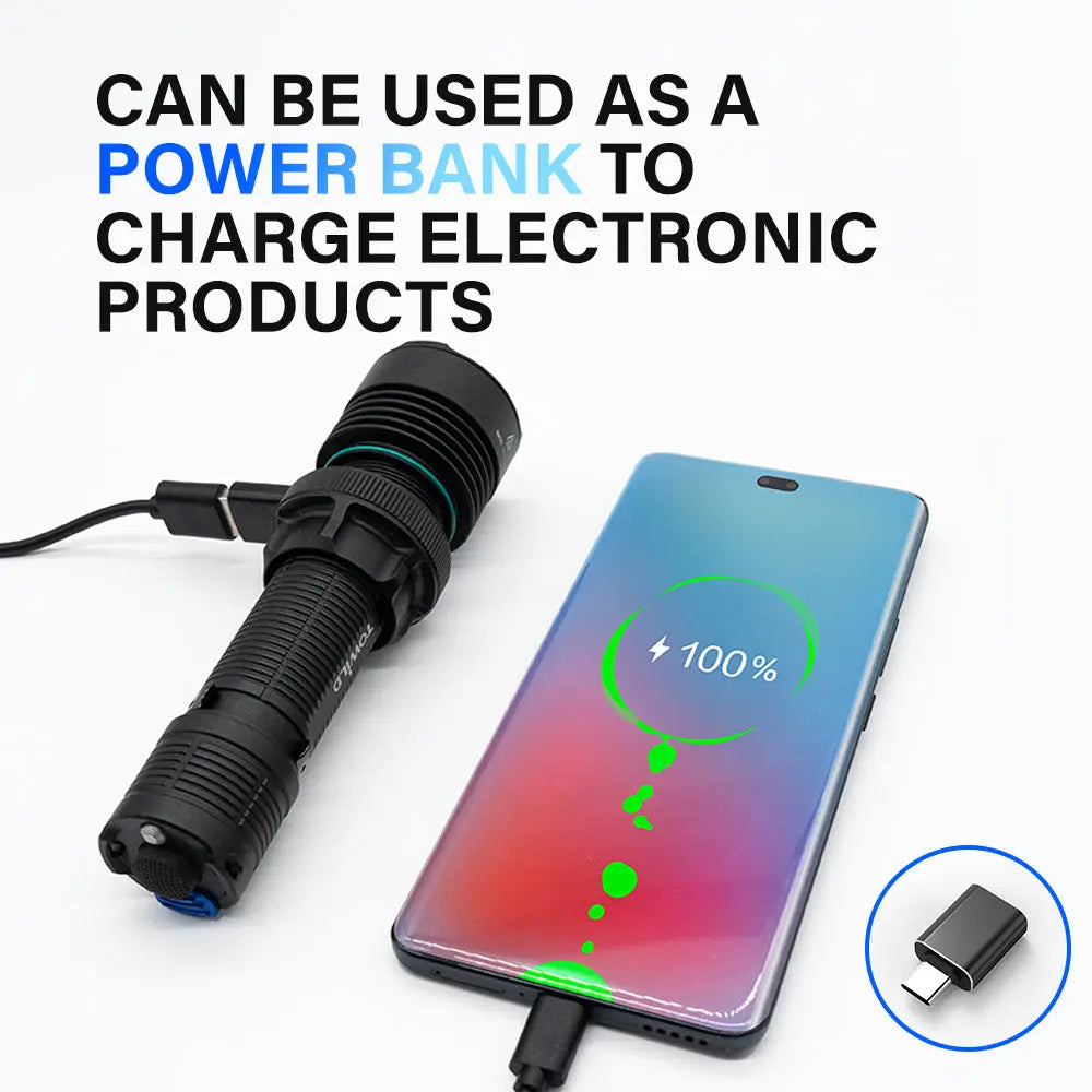 The TOWILD BK20 tactical flashlight being used as a USB-C power bank to charge a smartphone.