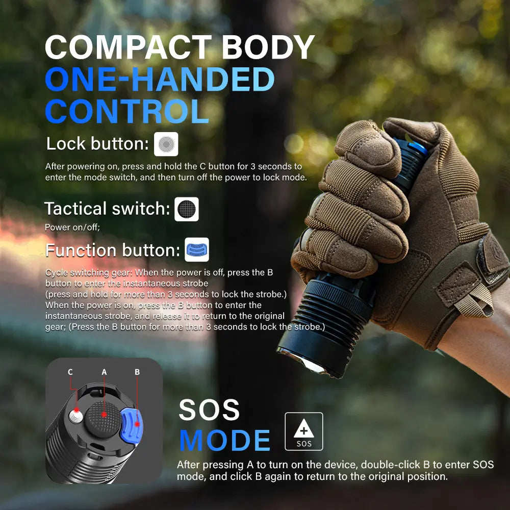 An infographic explaining the one-handed operation of the TOWILD BK20 tactical flashlight's dual-switch tail cap, including lock, tactical, and function buttons.