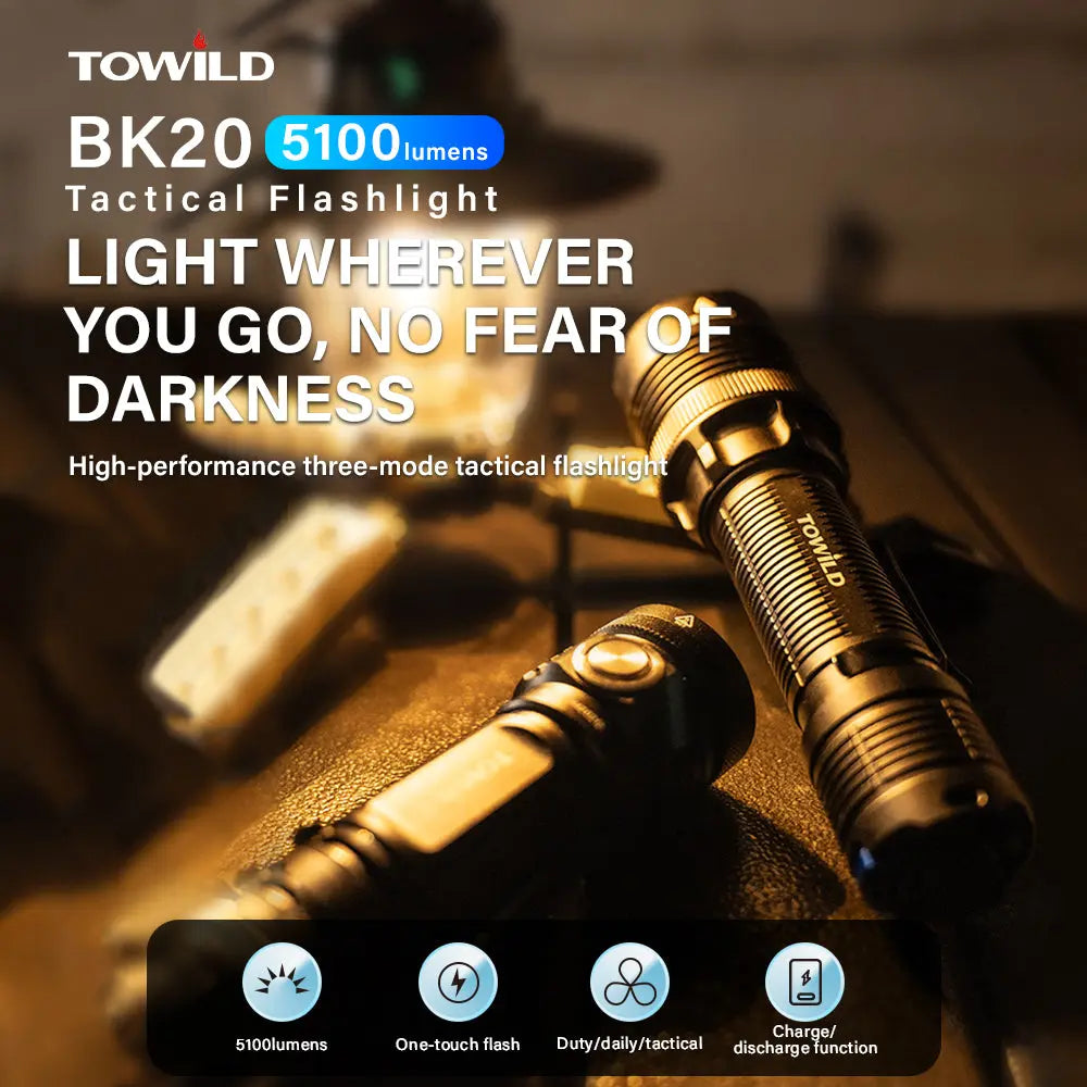 Promotional poster for the TOWILD BK20 5100 lumens tactical flashlight highlighting its key features like one-touch flash and charge/discharge function.