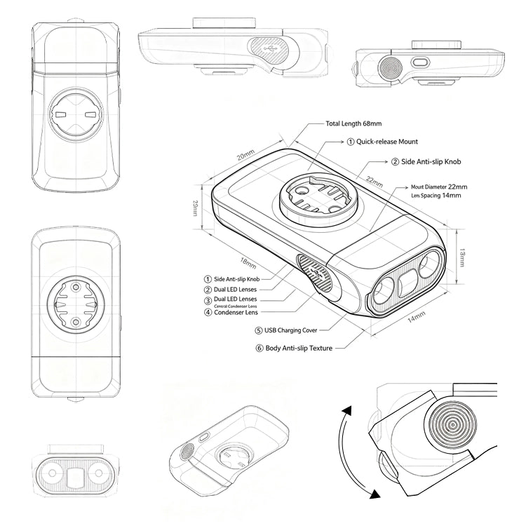 TOWILD BL1500 development drawing showing multiple views, the lens assembly, pivoting head and mounting interface.
