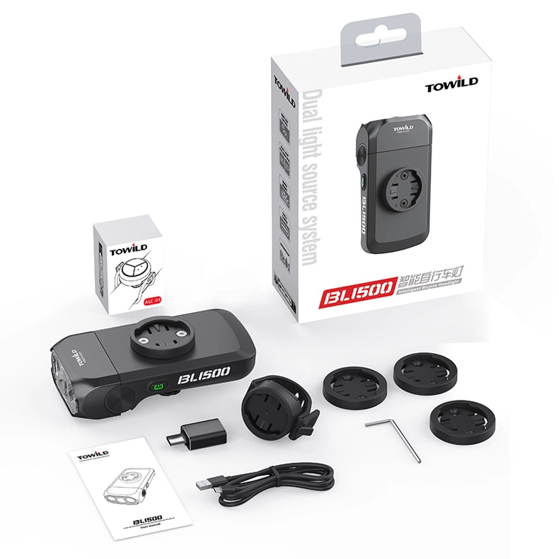 TOWILD BL1500 retail box and light beside mounting inserts, bracket, USB cable, adapter, wrench and manual.
