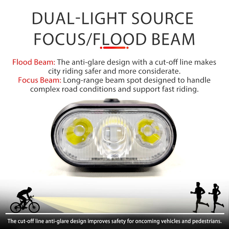 Close-up of the TOWILD BL900 optical lens showing the dual-light source design, featuring an anti-glare cut-off flood beam for city riding and a long-range focus beam.