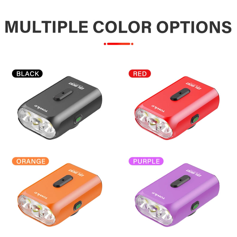 TOWILD BL900 dual-beam bicycle light available in four stylish anodized colors: Black, Red, Orange, and Purple.