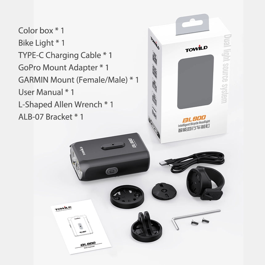Unboxing the TOWILD BL900 intelligent bicycle headlight, displaying the premium color box, main light unit, and tool-free mounting accessories.