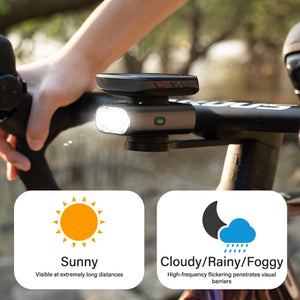 TOWILD BL900 functioning as a high-visibility daytime running light on a road bike, enhancing rider safety in sunny, cloudy, rainy, or foggy conditions.