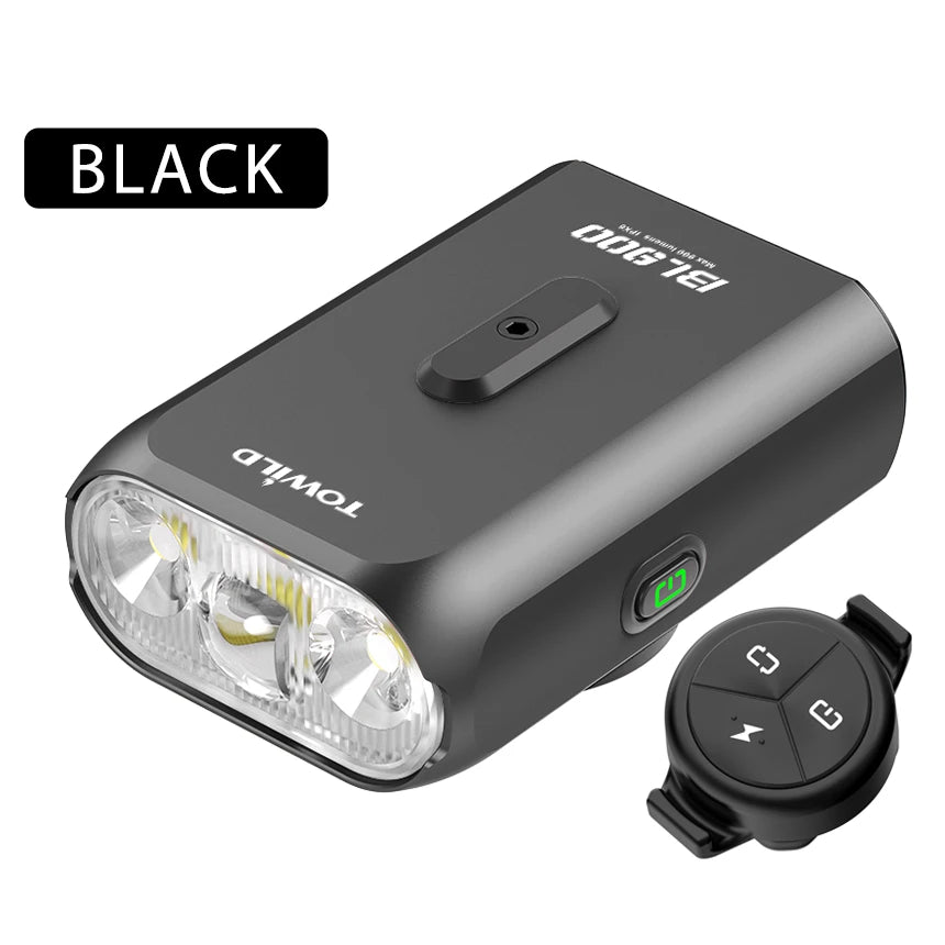 TOWILD BL900 rechargeable road bike headlight in black with wireless remote control for hands-free light mode switching.
