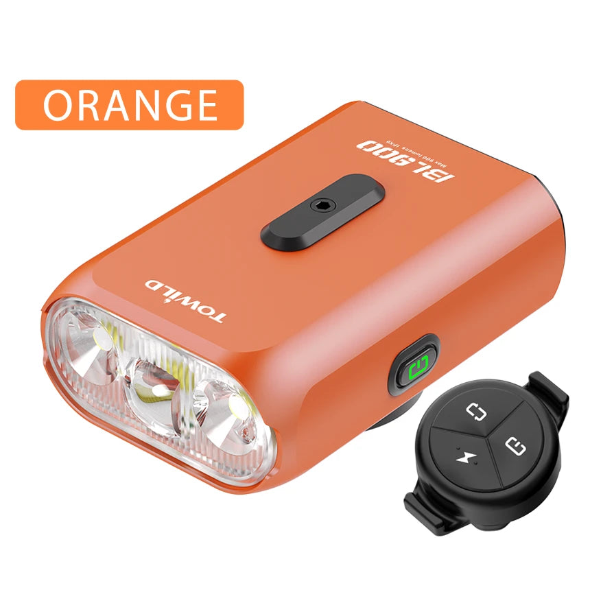 TOWILD BL900 dual-beam bike light kit in orange, including the ALC-01 wireless handlebar remote controller for easy brightness switching.
