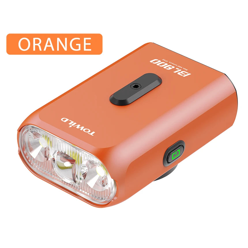 TOWILD BL900 dual-beam bicycle headlight in vibrant orange, featuring a cut-off anti-glare lens for safe road cycling and commuting.