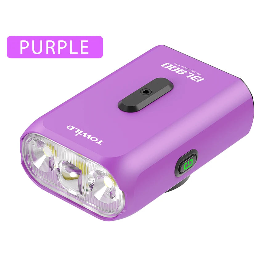 	TOWILD BL900 multi-functional bike headlight in stylish purple, featuring smart vibration sensing and color-coded battery indicator.