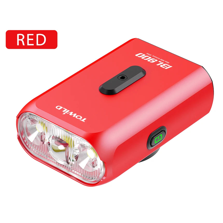 TOWILD BL900 anti-glare cycle headlight in bold red, offering 900 lumens output, IPX6 waterproof rating, and Type-C charging.