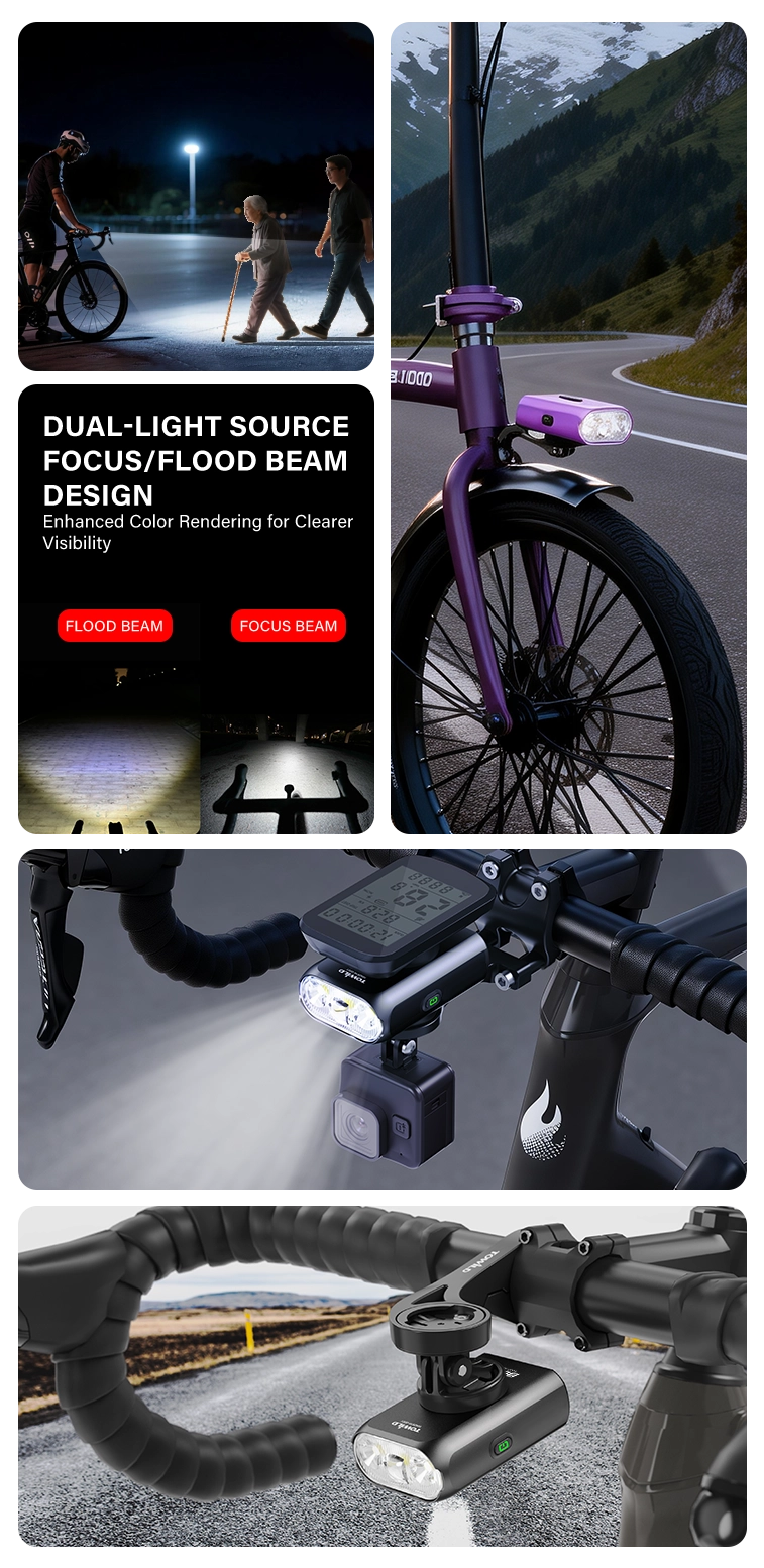 Collage displaying the TOWILD BL900 bike light used in various scenarios: yielding to pedestrians safely, mounted on a folding bike front fork, and installed under a road bike computer.
