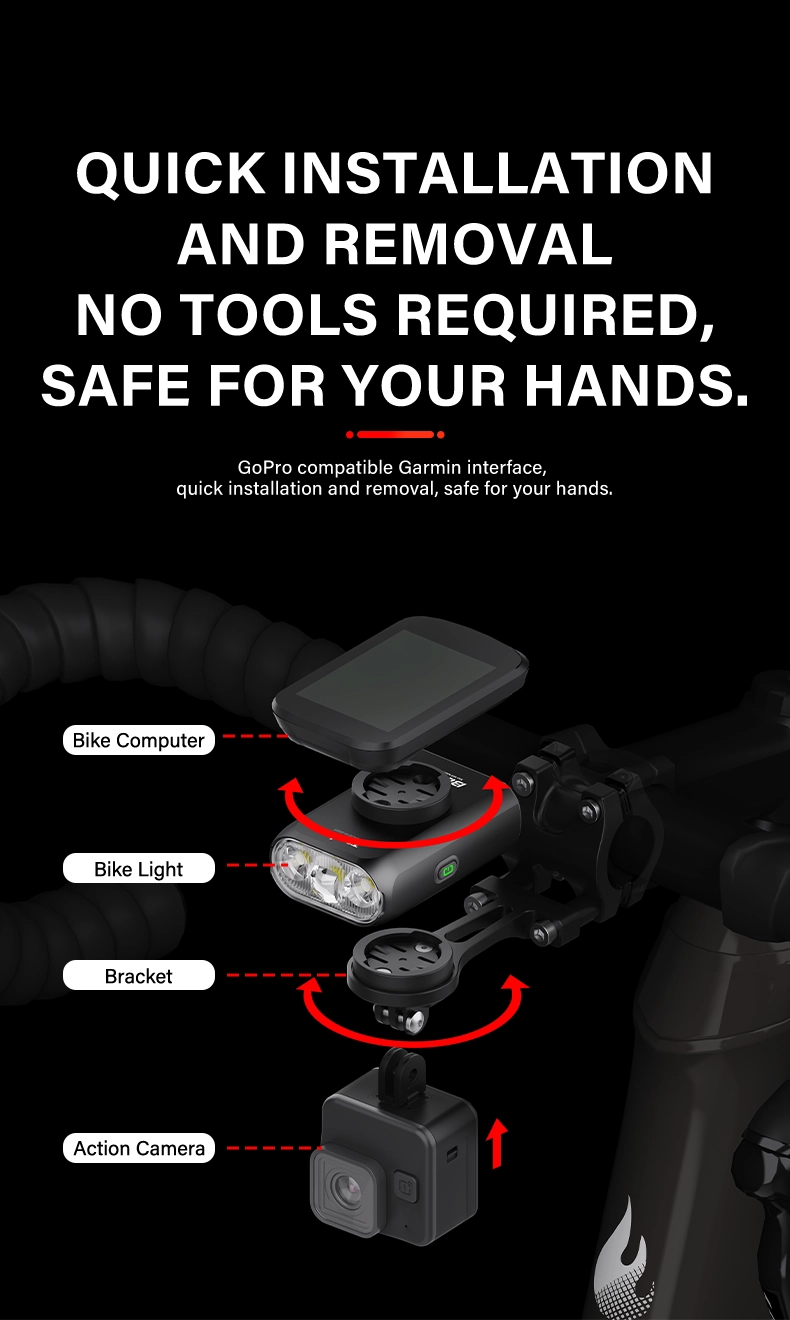 Exploded diagram showing the tool-free installation of the TOWILD BL900 bike light, attaching easily between a Garmin bike computer and an action camera.