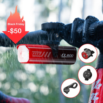 Black Friday deal on the TOWILD CL1600 All-Weather Bundle. The vibrant red 1600-lumen headlight is shown powering through rain, proving its waterproof design. Set includes tail light, remote, and mount with a $50 saving.