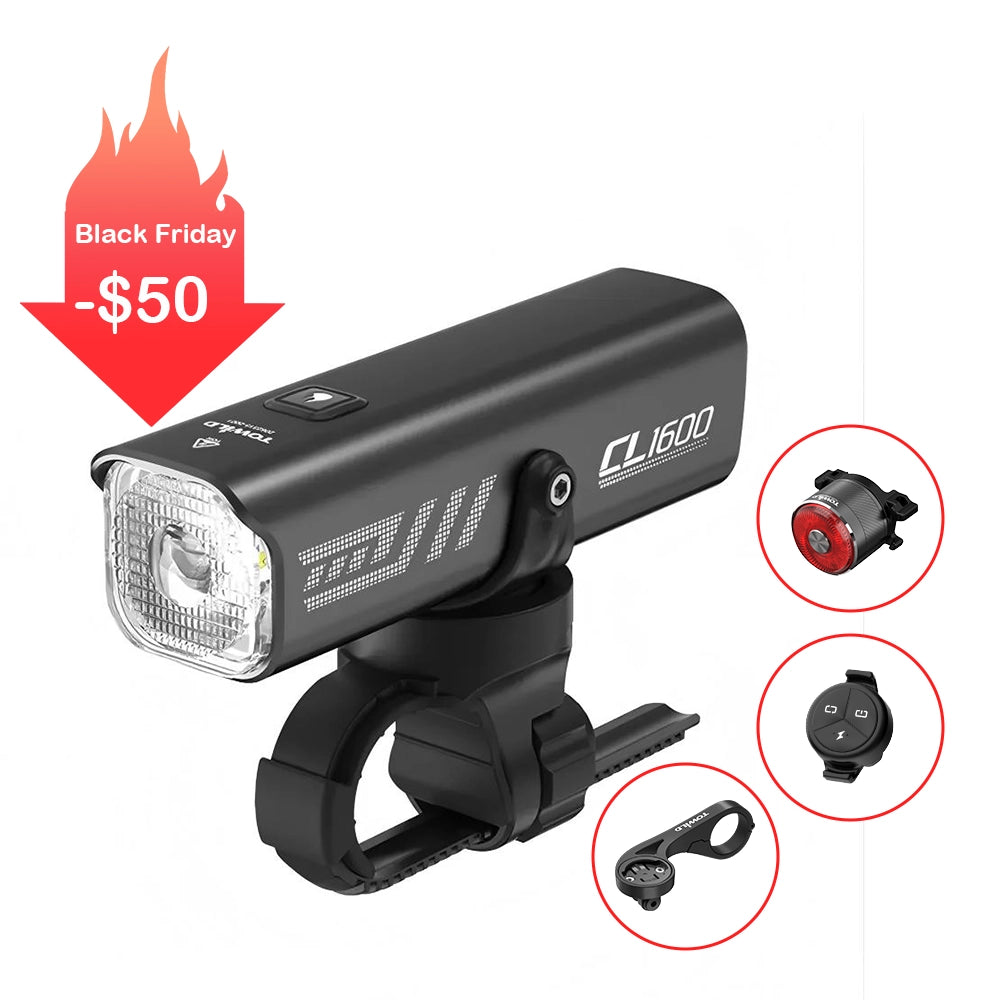 Black Friday offer on the TOWILD CL1600 smart bike light bundle. This complete package includes the 1600-lumen headlight, a smart tail light, wireless remote, and mount. Save $50 this Black Friday.