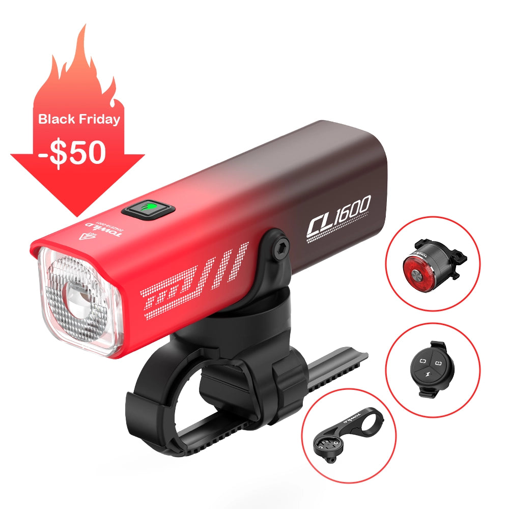 Black Friday offer on the TOWILD CL1600 smart bike light bundle in a stunning red gradient finish. This complete package includes the 1600-lumen headlight, a smart tail light, wireless remote, and mount. Save $50 this Black Friday.