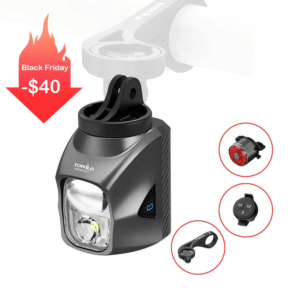 Black Friday special on the TOWILD DL1700 Compact Dual-Beam bundle in white. Perfect for a minimalist cockpit, this set includes the GoPro-compatible headlight, tail light, remote, and mount. Save $40 for Black Friday.