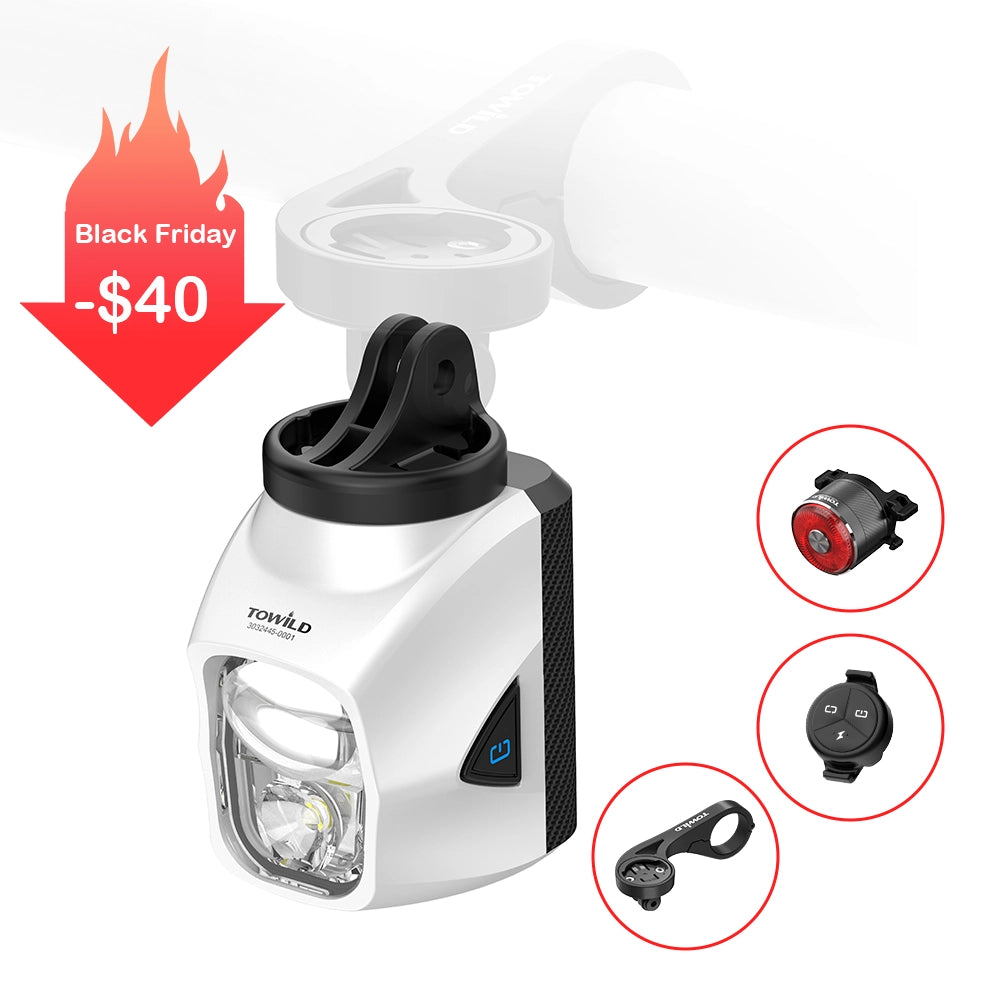 Black Friday special on the TOWILD DL1700 Compact Dual-Beam bundle in white. Perfect for a minimalist cockpit, this set includes the GoPro-compatible headlight, tail light, remote, and mount. Save $40 for Black Friday.
