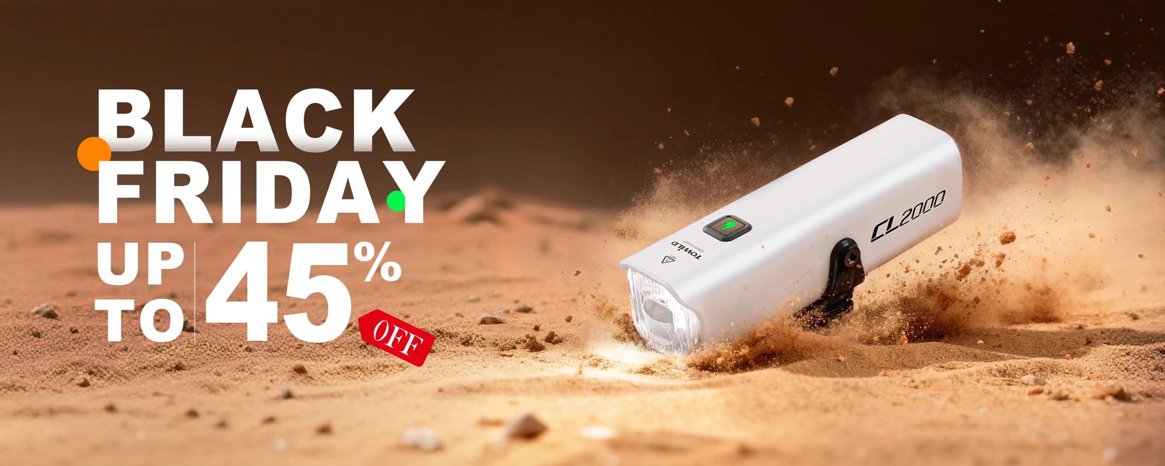 Official banner for the TOWILD Black Friday sale, featuring the powerful 2000-lumen CL2000 smart bike light on rugged terrain, highlighting our biggest offer of up to 45% OFF.
