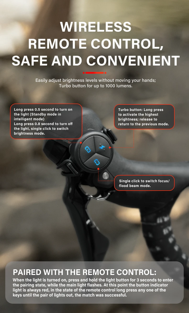 <h2>Full Control at Your Fingertips</h2><h3><em>Change brightness, switch beam modes and activate 1000-lumen turbo output without taking a hand off the bar.</em></h3>