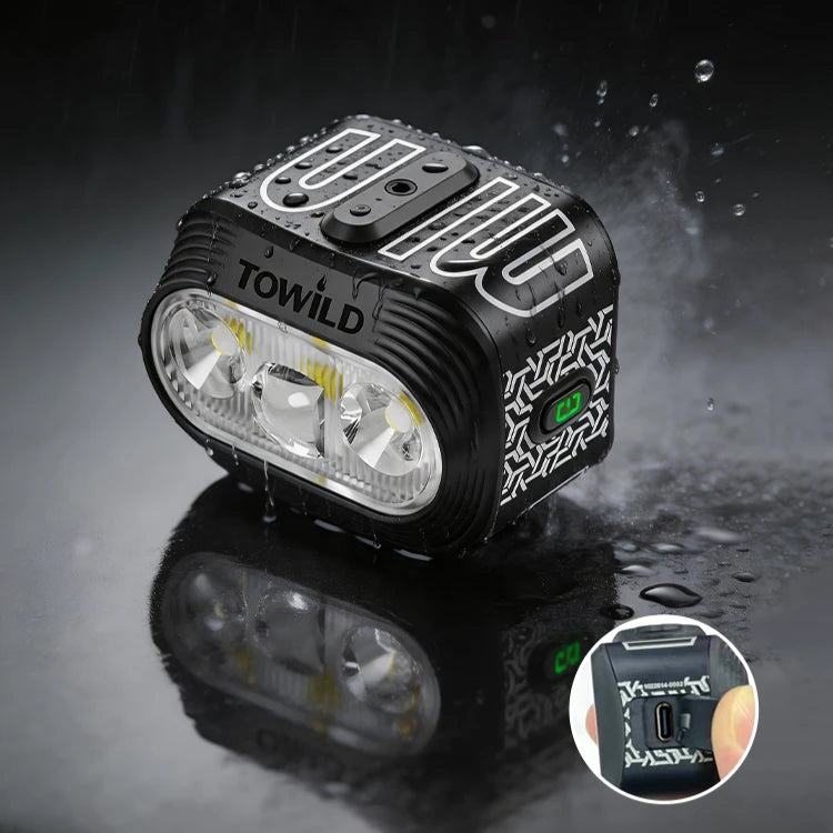 TOWILD BLMINI IPX6 water-resistant bike light with sealed USB-C charging port in rain
