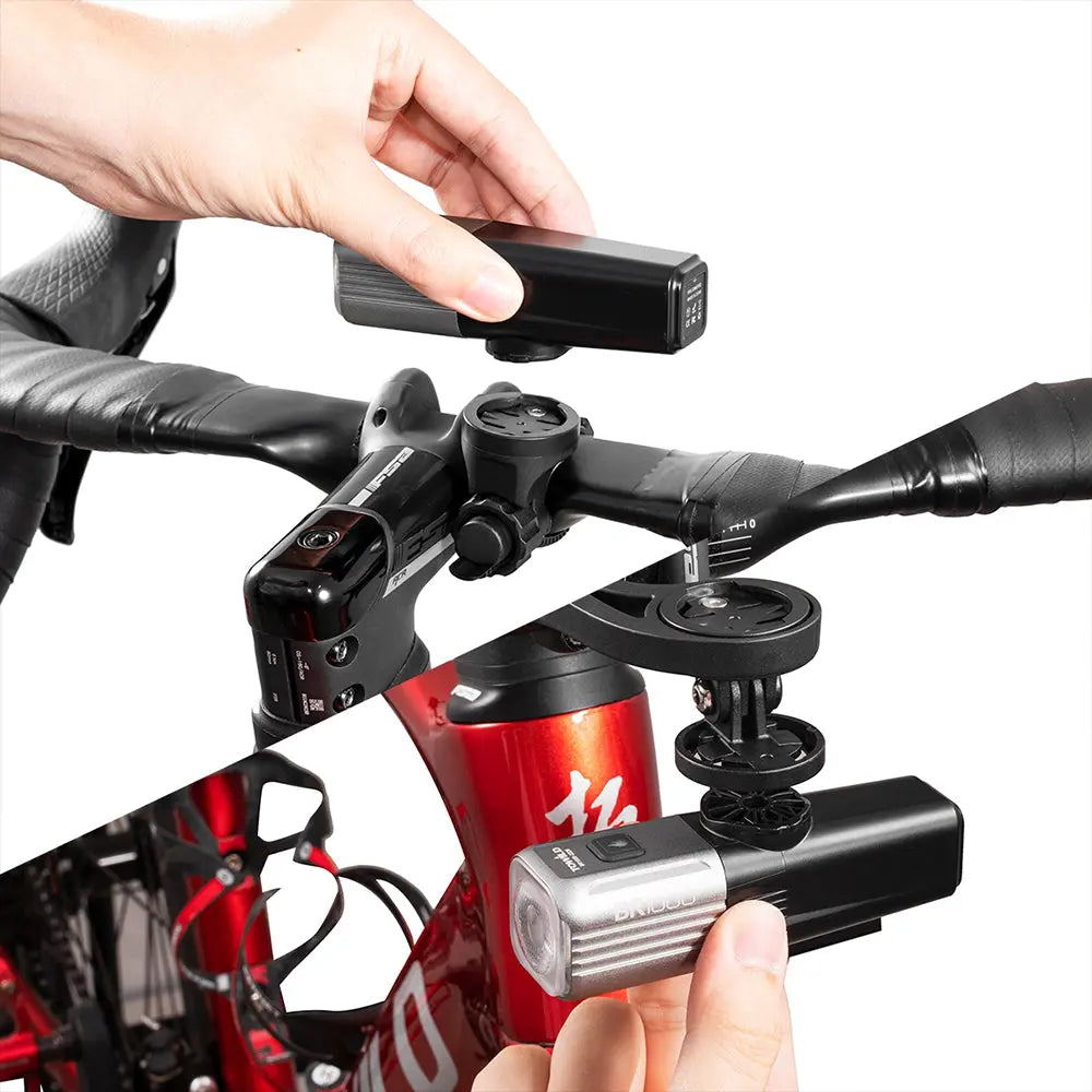 Demonstrating the versatile mounting options for the Towild BR1000 bike light: upright on a handlebar and underslung with its GoPro-compatible mount.