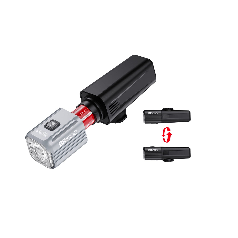 The TOWILD BR1000 lightweight bike light with its head detached, showcasing the easily replaceable 18650 battery for extended ride times.