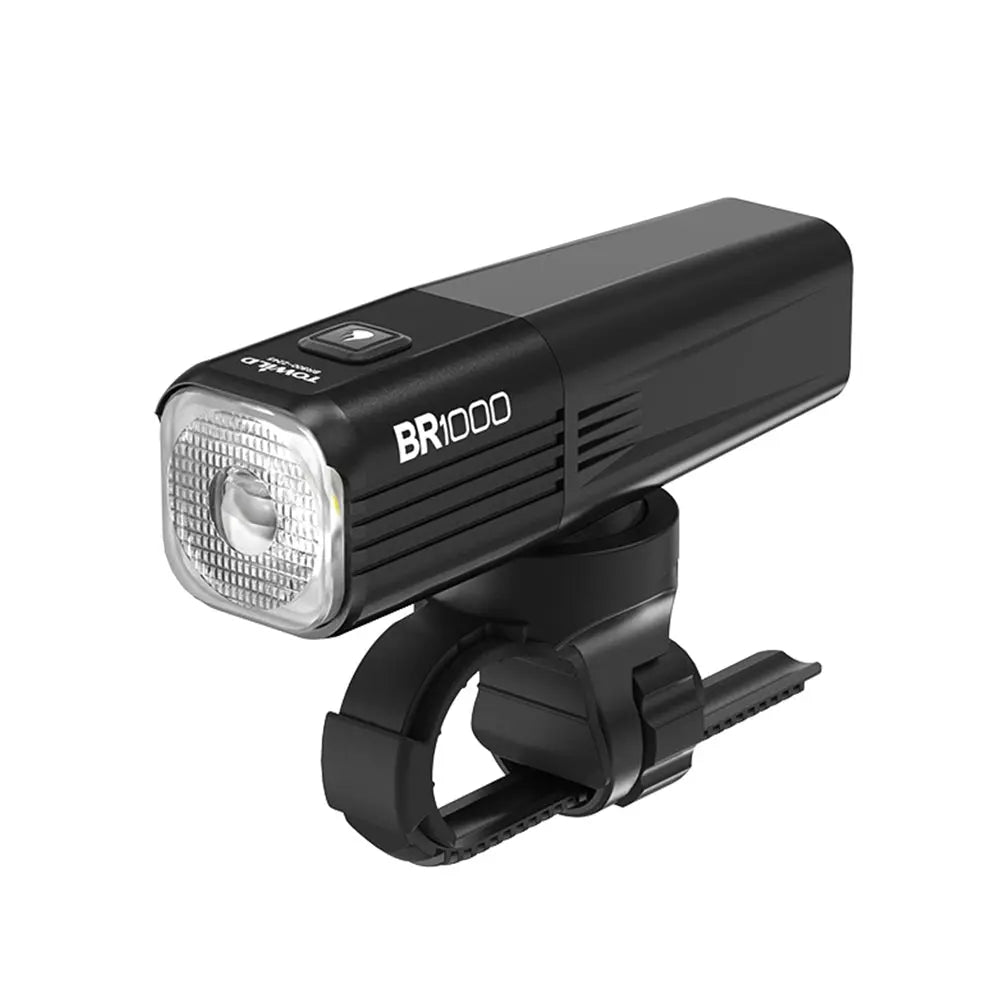 The black Towild BR1000 lightweight bike light has a replaceable battery and comes with a handlebar mount and  Wireless Remote Control